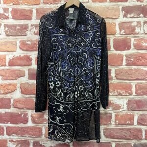 Chicos Tunic Duster Top Women's L Black Multicolor Boho Floral Sheer Mesh Shirt